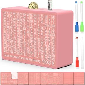 Money Saving Box Cash Vault Wooden Savings Challenge Box, Large Piggy Bank for Adults Kids, 10000 5000 3000 1000 Dollar Savings Goals Coin Bank for Boys and Girls No Install Required (Pink)