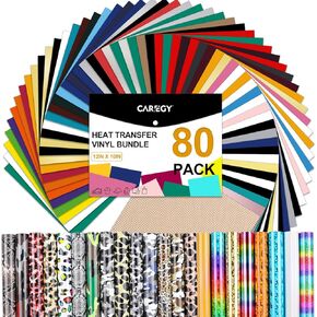 CAREGY HTV Heat Transfer Vinyl Bundle: 80 Pack 12" x 10" Iron on Vinyl for T-Shirt, 53 Assorted Colors for All Cutter Machine or Heat Press Machine