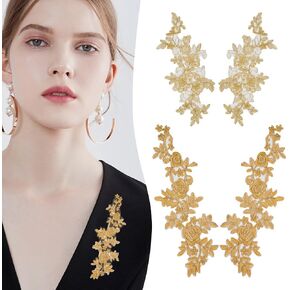 4Pcs Flower Embroidery Lace Patches 2 Styles Gold Polyester Floral Patch Iron on Repair Patches Sewing Craft Decoration Appliques for Wedding Dress Gown Bodice Costume Clothing DIY