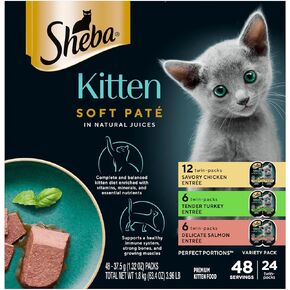 Sheba Perfect Portions Kitten Wet Cat Food Pate Chicken Entree, Salmon Entree, and Turkey Entree, 2.6 oz. Twin-Pack Trays, 24 Count
