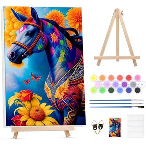 Paint by Numbers Kit for Adults Beginners with Framed Canvas&Wooden Easel, DIY Acrylic Paint Color by Numbers Kits for Adults, Flower Horse Paintwork Arts and Crafts for Home Decor 8x12inch