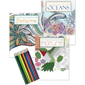 ZOCO - Gift Pack: 3 Adult Coloring Books Set with Colored Pencils - Oceans, Patterns, and Nature Coloring Books - Includes 10 Pre-sharpened Coloring Pencils