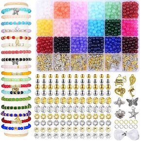 1280pcs 6mm Glass Beads for Bracelets, Bracelet Making Kit 24 Style Crystal Beads for Jewelry Making Round Beads DIY Crafts with Spacer Beads Charms Accessories