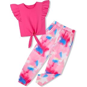 oklady Girls Clothes Solid Color Ruffle Sleeve Shirts with Tie-Dye Pants 2 Piece Set Summer Clothes for Girls 7-14