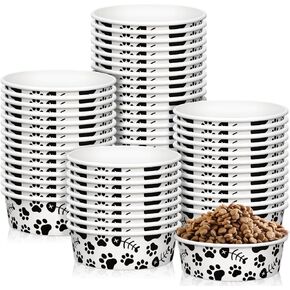 Whaline 50Pcs Pet Disposable Feeding Bowl Black White Paper Cat Food Bowl Small Dish 16oz 2 Cup Cute Print Dog Serving Food Tray for Kitten Travel Wet Dry Food Water