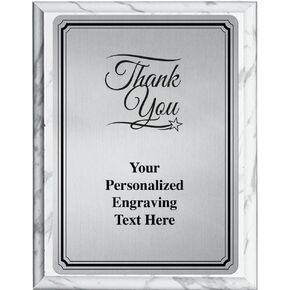 Crown Awards Thank You Plaque Award, 7x9 Personalized Silver Recognition Metal Trophy On White Marble Plaque with Custom Engraving Prime