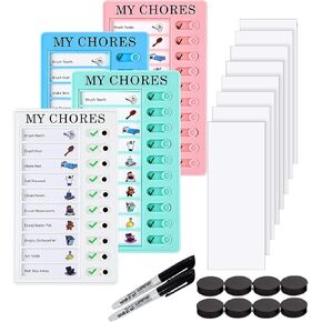 [4 Pack] Coloured Magnetic Chore Charts with Erasable Paper - Pack Includes: 4 Checklist Boards & Erasable Papers, 8 Magnets, 2 Marker Pens & 8 Detachable Pre-Planned Cardstocks