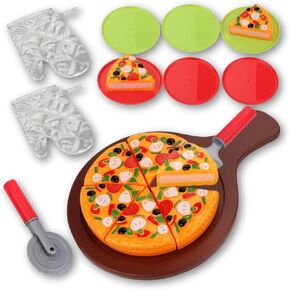15-Piece Pizza Party Play Set for Kids - Realistic Pizza Pie Pretend Play Food Kit - Slice and Serve Plastic Kitchen Cooking and Cutting Playset
