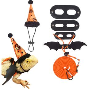 ADOGGYGO Halloween Bearded Dragon Lizard Leash Harness Hat Set - Bearded Dragon Clothe Halloween Pumpkin Hat + 3 Pack Reptile Harness Leash for Bearded Dragon Lizard Reptile (Halloween)