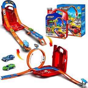 Race Track Toy Car Set with 2 Race Cars,2 in 1 Magic Tracks Style with Storage Box,Changeable Tracks Toys Gifts for 3 4 5 6 7 8+Year Old Boys Girls(Red)
