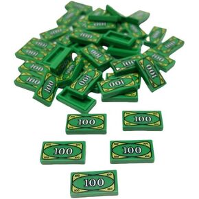 50 Pcs Tiles 1x2 with 100 Dollar Bill Money Print Green, Bulk Tile Money Accessories for Building, Compatible with Lego Parts and Pieces, Great Toy for Kids (50 PCS)