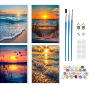 RICUVED Paint by Number for Adults Framed Canvas, 4 Pack Paint by Number Kits Landscape Arts and Crafts for Beginner, Easy DIY Beach Sunset Sea Acrylic Painting Number Kit for Home Decor(7.8X11.8inch)