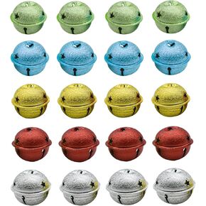 20Pcs 1.45inch Christmas Jingle Bells Colorful Craft Bells 37mm Glitter Bell with Star Cutous Design for DIY Home Party Holiday Wedding Wreath Decoration