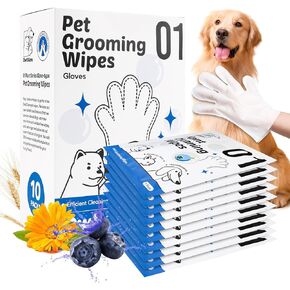 10 Pcs Pet Cleaning Glove Wipes for Dogs & Cats, Hypoallergenic Grooming Wipes, Dog Wipes for Paws and Buttocks, Dog Wipes Cleaning Deodorizing Suitable for Pet Dry Cleaning, Daily Care and Travel