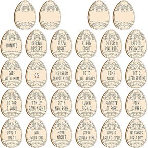 28 Pcs Wooden Easter Eggs Tokens Wood Easter Tags Unfinished Coins for Children Basket Fillers for Kids DIY Crafts Decoration