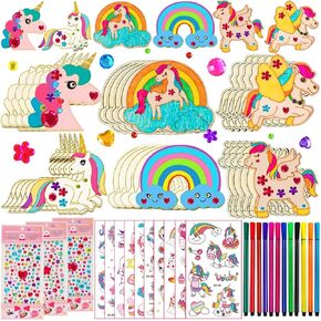 398 Pcs Unicorn Crafts, Wooden Painting Crafts for Kids, Wooden Crafts With 30 Wooden Blocks 354 Rhinestones 12 Color Pens 2 Stickers, Kids Crafts, DIY Crafts and Birthday Party Gifts for Kids