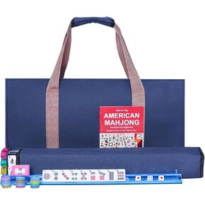 American Mahjong Game Set, 166 Premium White Tiles, 4 All-in-One Color Rack/Pushers, Complete Mahjongg Set Blue Carrying Bag