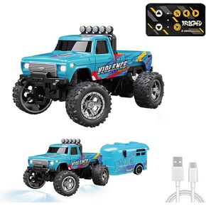 Mini RC Monster Truck ، Mini RC Truck with Trailer ، Mini RC Monster Truck with Trailer ، 1/64 RC Truck Scale Monster Truck Remote Care ، 2.4 GHz RC Monster Truck (مع Trailer Blue)