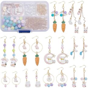 PLIGREAT DIY 10 Pairs Easter Day Earring Making Kit Alloy Rabbit Theme Charms Colorful Beaded Earrings Enamel Bunny Charms for Jewelry Making Kit Women Girls Easter Gift, 1 Box