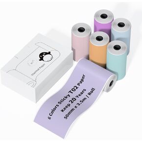 Thermal Sticker Paper Purple/Pink/Orange/Blue/Green/Deep Purple, Compatible with Mini Sticker Printer T02/M02X/M02L/Y02C/Q02, 50mm x 3.5m Thermal Stickers for 20 Years, Suitable for Journal