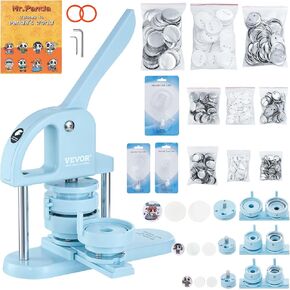 VEVOR Button Maker Machine, 25/32/58mm(1/1.25/2.25 inch) 3-in-1 Button Maker with 300pcs Button Parts, Ergonomic Arc Handle Punch, Pin Maker with Panda Magic Book, for Children DIY Gift, Pink