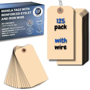 125 Pcs Hang Tags Labels with Reinforced Eyelet with Wire Cardboard for Labeling Price Sale Shipping Product Inventory Luggage Garage Hanging Items 4 3/4 x 2 3/8 inch (with Wire)