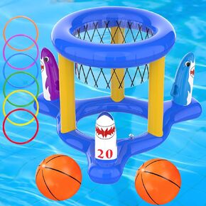 Inflatable Pool Toys Basketball Hoop & Ring Toss Game, 2-in-1 Pool Toys Games Set, Swimming Pool Games Summer Pool Toys for Kids Adults Family