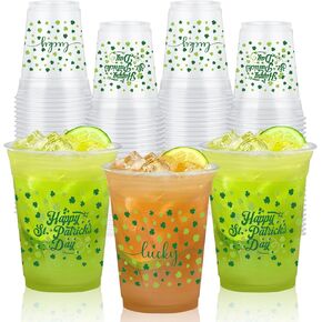 50 Pcs 12 oz St. Patrick's Day Plastic Cups, 'Happy St. Patrick's Day' and 'Lucky' Printed Disposable Cups, Green Shamrock Design Cups for Beverages, Beer, and Irish St. Paddy's Day Party Supplies