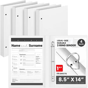 Henoyso 4 PCS Size Legal Size Date 3 Ring Binder 1 "Round Rings Binder Binder لـ 8.5" × 14 "ورقة تصل إلى 175 ورقة رنين المجلدات عرض مخططات العمل الفنية ، المكتب ، المنزل ، أماكن العمل