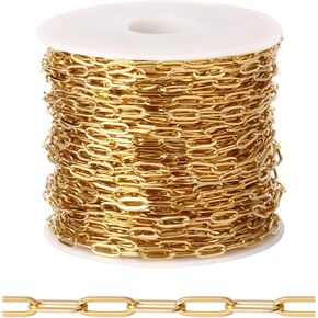 [33FT] 18K Gold Plated Paperclip Chains for Jewelry Making, 2.5mm Wide 304 Stainless Steel Paperclip Link Chain Roll Bulk for DIY Jewelry Making Craft
