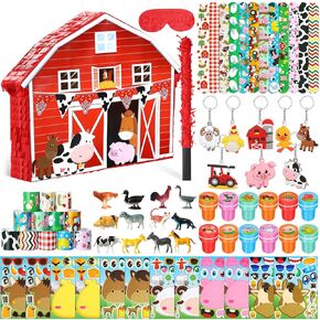 Pasimy 59 PCS Farm Piñata The Animal موضوع الحفلة لصالح Fiesta Farm Farm Barnyard Piñata Hundfold stamper Stamper Slap Bracele