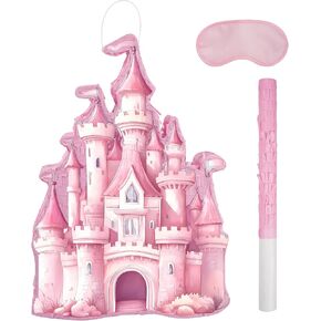 Princess Castle Piñata - Watercolor Pink Castle Piñata with Bat and Blindfold for Girls Kids Princess Themed Birthday Party Game Decorations (16.7"x11.8"x3")