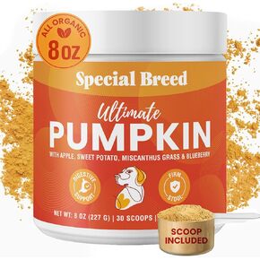 Ultimate Pumpkin for Dogs (8 oz) - with Organic Pumpkin, Apple, Sweet Potato, Miscanthus Grass & Blueberry, Digestive Support Relief for Constipation, Loose Stools, and Upset Stomaches, 30 Scoops