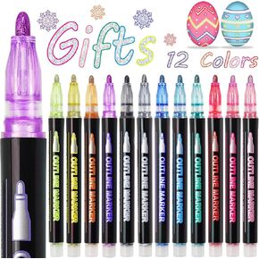 مخطط Shimmer علامات مخطط Doidle Outline أقلام: 12 Glitter Pens Outliner مجموعة مخزون عيد الميلاد Tween Teen Girl Gifts العصرية