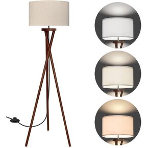 Wood Tripod Floor Lamp, Modern Design Light, Flaxen Lamp Shade with 3 Color Temperatures LED Bulb, Mid Century Standing Lamp for Living Room, Bedroom, Study Room and Office, Brown