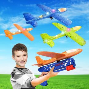 4 Piece set Airplane Toys - 3 Large Glider Airplane and 1 Plane Launcher Set. Full Body LED Lights with two Flying Modes - Perfect for Indoor, outdoor fun for 3,4,5,6,7,8,9 year old Boys and Girls.