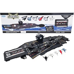 Ultimate Large 30-Inch Black Toy Aircraft Carrier with Realistic Sound Effects and Runway Lights, 5 Colored Fighter Jets and 6 Large Black Pull and Release Fighter Jets