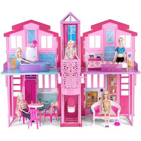 My Dreamy Doll House, Dollhouse Playhouse with Large Rooms & Big Furnitures, Including Elevator, Foldable Dolls House Toys Gifts for Girls Kids Ages 3+