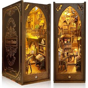 Book Nook Kit, MOJINO DIY Miniature 3D Puzzle Wooden Bookends Doll House with LED Lights for Bookshelf Decor, Tiny Miniverse Model House Art Craft for Adults Gril Halloween Christmas Decoration Gift