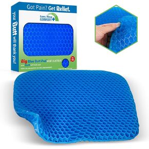Extra Thick Gel Seat Cushion for Long Sitting Pressure Relief - Big Blue Butt Pad for Chair - Ergonomic for Tailbone, Backpain, Hip & Sciatica Support