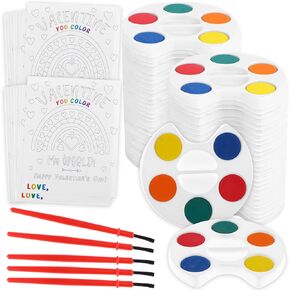 32 Pack Valentines Day Gift Cards for Kids Set Includes Valentines Gift Painting Cards Mini Watercolor Kids Paint Set, 5 Color Tray with Paint Brush Preschool Classroom Activity Kids Valentines