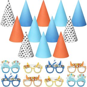 24 Pcs Blue Family Happy Birthday Party Supplies Includes 12 Party Cone Hats and 12 Paper Sunglasses for Teens and Adults Blue Dog Puppy Theme Party Baby Shower Decorations