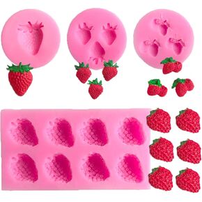 Strawberry Fondant Gumpaste Silicone Mold, 4 Pieces, Silicone Chocolate Candy Mould for Cupcake Cake Decoration, Handmade Soap, Candle, Polymer Clay, Resin Mold