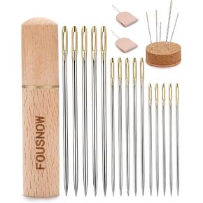 FOUSNOW 19 Pcs Hand Sewing Needles Kit, Assorted Sewing Needles with Wooden Sewing Needles Cushion, Needle Threaders for Hand Sewing, 3 Sizes Hand Stitching Needles for Sewing Repairing Craft