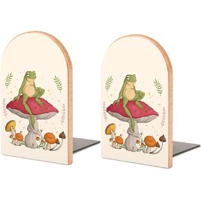 Book Ends Bookends for Shelves to Hold Books Cute Frog with Mushrooms Print Small Non-Slip Book Stoppers Wood Decorative Home Office Desk
