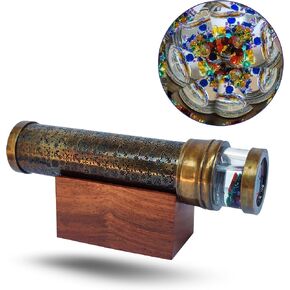 Antique Brass Kaleidoscope with Liquid Motion Objects Handcrafted Nautical Engraving Premium Optical Mirror Unique Gift for Collectors, Boys & Girls, Decorative Home Accent with Wooden Stand