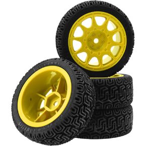 1/10 RC On Road Tires & Nylon Wheel Rims 12mm Hex OD70mm Rubber Tires Compatible with Tamiya TT01 TT02 XV01 HSP HPI Kyosho Traxxas WLtoys 1/10 1/12 On-Road Touring Car (Yellow)