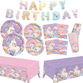 Unicorn Party Supplies Kit for 24 Guests - for Unicorn Birthday Decorations, Includes Dinner & Dessert Plates, Napkins, Cups, Banner and Tablecloth for Unicorn 1st Birthday Party Decorations