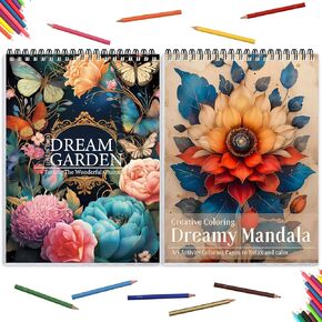 2Pcs Coloring Books for Adults Relaxation Coloring Book for Women Spiral Bound Printed On One Side(Mandala and Nature & Dream Garden)