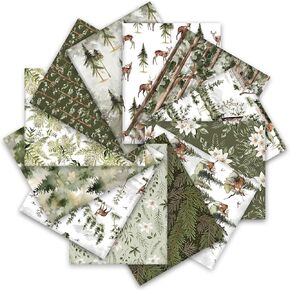 Whaline 12Pcs Watercolor Forest Cotton Fabric Bundles 18 x 22 Inch Green Christmas Tree Flower Deer Fat Quarter Xmas Quilting Patchwork for DIY Handmade Sewing Crafting